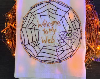 Hand Embroidered Welcome To My Web Tea Towel