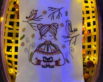 Hand Embroidered Birding Girl Tea Towel
