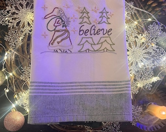 Hand Embroidered Believe Old World Santa Tea Towel