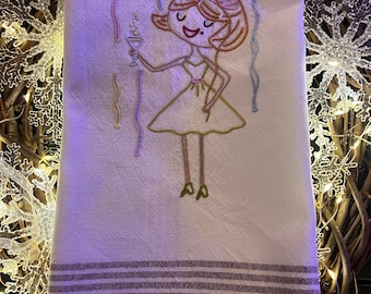 Hand Embroidered Retro New Year Tea Towel