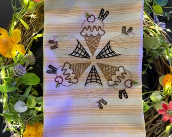 Hand Embroidered Ice Cream Cone Tea Towel