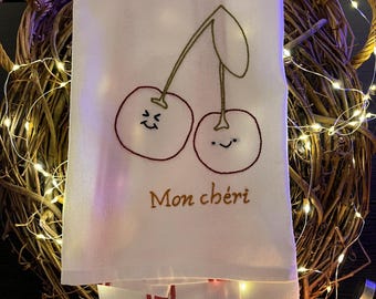 Hand Embroidered Mon Cheri Tea Towel