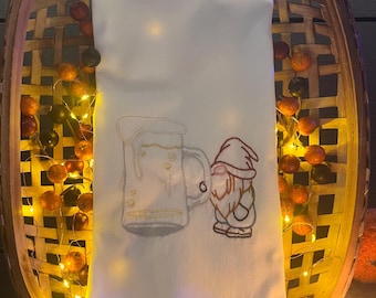 Hand Embroidered Oktoberfest Gnome Tea Towel
