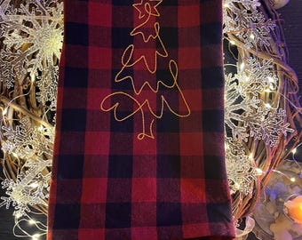 Hand Embroidered Holiday Buffalo Plaid Tree Tea Towel