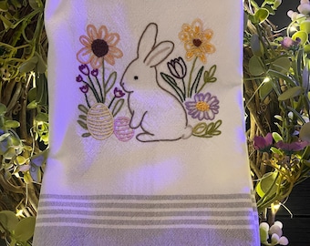 Hand Embroidered Plaid Easter Bunny Tea Towel