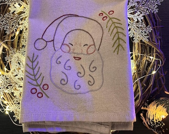 Hand Embroidered Whimsical Old World Santa Face Tea Towel