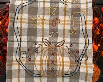 Hand Embroidered Primitive Pumpkin Candle Tea Towel
