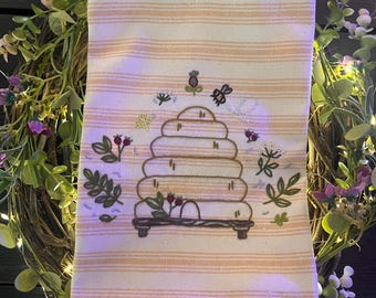 Hand Embroidered Bee Hive Tea Towel