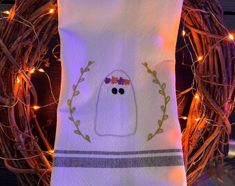 Hand Embroidered Flower Ghost Tea Towel
