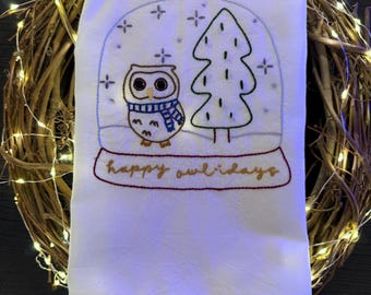 Hand Embroidered Happy Owl-idays Tea Towel