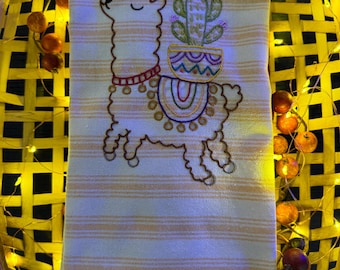 Hand Embroidered Llama Tea Towel