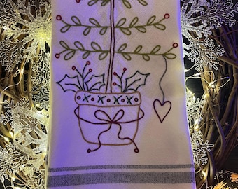 Hand Embroidered Primitive Christmas Tree Tea Towel