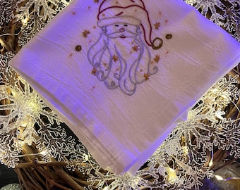 Hand Embroidered Whimsical Santa Tea Towel