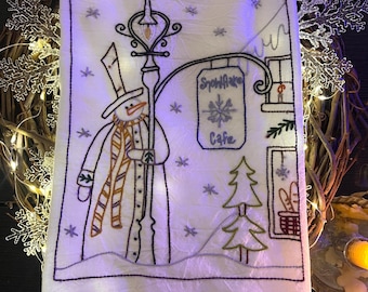 Hand Embroidered Snowflake Cafe Tea Towel