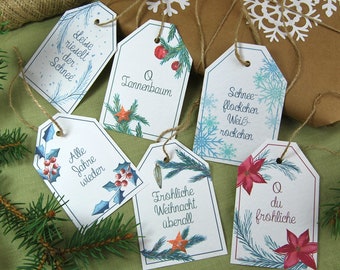 Geschenkanhänger Geschenk Anhänger Weihnachten Tag Geschenk-Tag Aquarell Natur botanisch Pflanzen Weihnachtslieder Liedtext Karte Verpacken