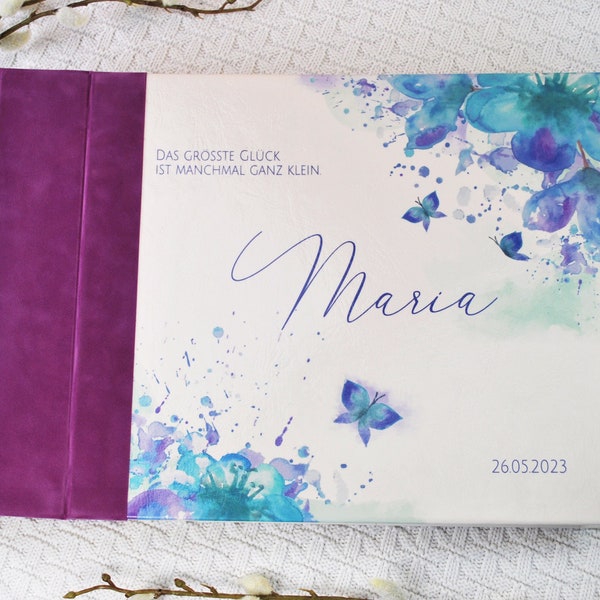 personalisiertes Babyalbum / Fotoalbum / Album mit Schmetterlingen und Blumen in Aquarell Türkis & Orchidee / Violett mit Samt Velours