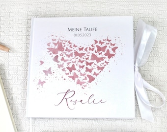 Taufbuch personalisiert mit Fragen / Herz & Schmetterlinge Altrosa Mädchen / Gästebuch Taufe Taufalbum Taufgeschenk Fragebogen Gästefragen