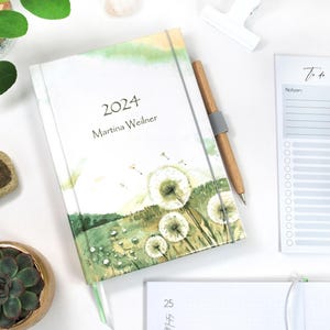 Daily Calendar & Planner 2026 Hardcover Thread-Bound A5 Format | Personalized with Name and Quote | Dandelion Seeds Meadow