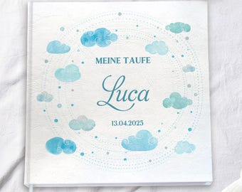 Taufbuch | Album & Gästebuch zur Taufe personalisiert | zum Ausfüllen Fragen Fragebogen Gästefragen Blanko | Wolken Himmel | Blau Hellblau