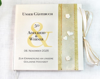 personalisiertes Gästebuch & Album zur Goldhochzeit mit Herzen und Rosen in Gold blanko zum Selbstgestalten o. mit Fragen zum Ausfüllen