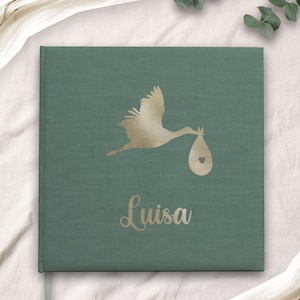 Álbum de bebé de lino personalizado | Muchos colores | Oro, plata, oro rosa, blanco | Paquete de cigüeña para bebé | Regalo para baby shower | Álbum de fotos para bebé