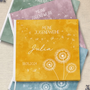 Gastenboek en album voor jeugddoop/vormsel met paardenbloemmotief | Geel, blauw, groen, roze | Gepersonaliseerd | Blanco of met invulvragen