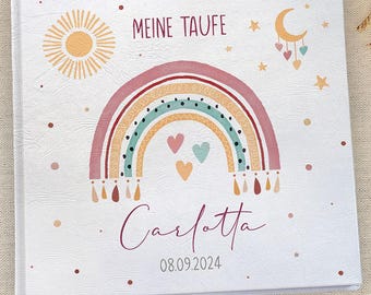 Taufbuch | Album & Gästebuch zur Taufe personalisiert | zum Ausfüllen mit Fragen | Blanko | Regenbogen Sonne Mond Sterne | Altrosa | Mädchen