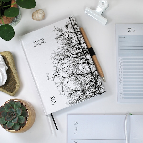 Personalized weekly planner & appointment calendar 2024 A5 white tree twigs branches weekly calendar daily calendar diary individual name planner