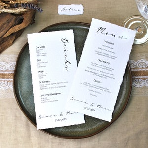Menü Karte Hochzeit / gerissene Kanten / strukturierter Aquarellkarton / personalisierbar / Kalligrafie / minimalistisch moderne Menükarte