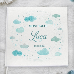 Taufbuch | Album & Gästebuch zur Taufe personalisiert | zum Ausfüllen Fragen Fragebogen Gästefragen Blanko | Wolken Himmel | Blau Hellblau