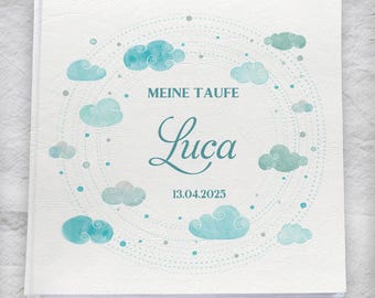 Taufbuch | Album & Gästebuch zur Taufe personalisiert | zum Ausfüllen Fragen Fragebogen Gästefragen Blanko | Wolken Himmel | Blau Hellblau