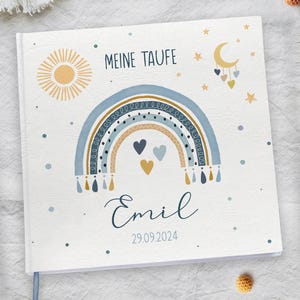 Taufbuch | Album & Gästebuch zur Taufe personalisiert | zum Ausfüllen Fragen Fragebogen Gästefragen | Blanko | Regenbogen Sonne Sterne Mond