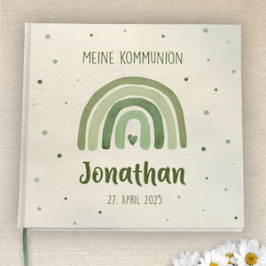 Gästebuch & Album zur Kommunion mit Fragen | personalisiert mit Name, Datum, Spruch | Regenbogen | Salbei Grün Eukalyptus | Kommunionbuch