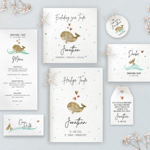 Set di biglietti per il battesimo Biglietti per il battesimo della balena Set di cancelleria per acquerelli Invito a forma di pesce Libretto della chiesa Carta del menu Ciondolo Segnaposto Carta del menu Invito al battesimo