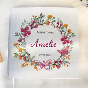 Taufbuch | florales Album & Gästebuch zur Taufe personalisiert | Fragen Gästefragen Fragebogen | Blanko | Wildblumen Kranz floral | Mädchen