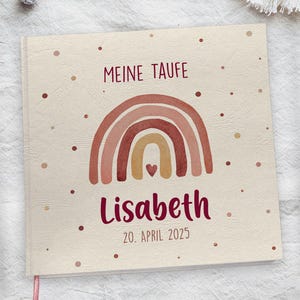 Taufbuch | Album & Gästebuch zur Taufe personalisiert | zum Ausfüllen mit Fragen | Blanko | Regenbogen | Beere Bordeaux Altrosa | Mädchen