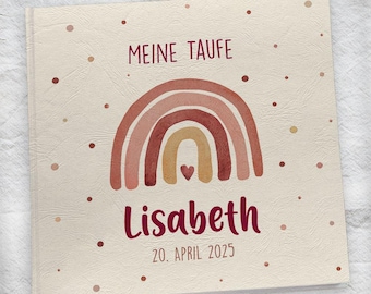 Taufbuch | Album & Gästebuch zur Taufe personalisiert | zum Ausfüllen mit Fragen | Blanko | Regenbogen | Beere Bordeaux Altrosa | Mädchen