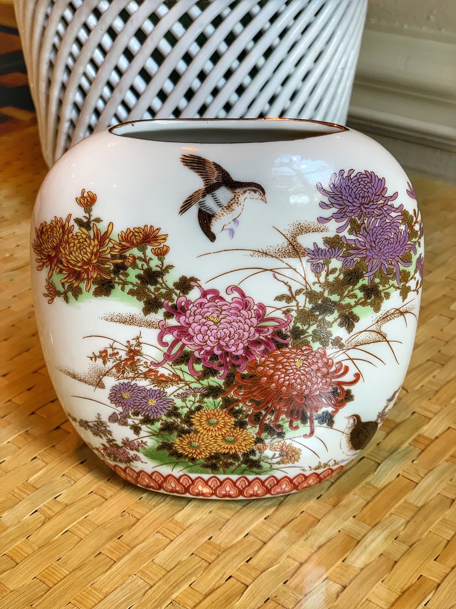 Shibata Japan Porcelain Vase With Birds and Mums Etsy