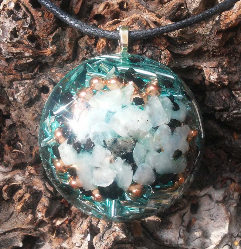 Orgone Energy Pendant Necklace Reiki Infused Moonstone Black Tourmaline Vegan Adjustable Slipknot Cord