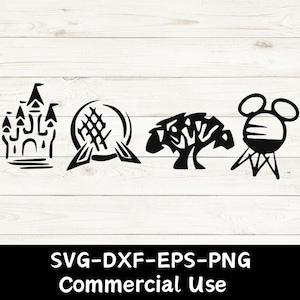 May include: Black and white vector graphics of a castle, a geodesic sphere, a stylized tree, and a Mickey Mouse-shaped icon. The image includes the text "SVG-DXF-EPS-PNG Commercial Use" in a black rectangle.