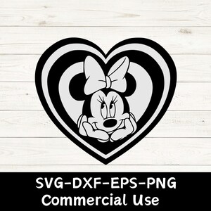 May include: A black and white graphic of Minnie Mouse inside a heart-shaped design. The heart has a striped border. Minnie Mouse is wearing a bow and has her hands under her chin. The image includes the text "SVG-DXF-EPS-PNG Commercial Use."