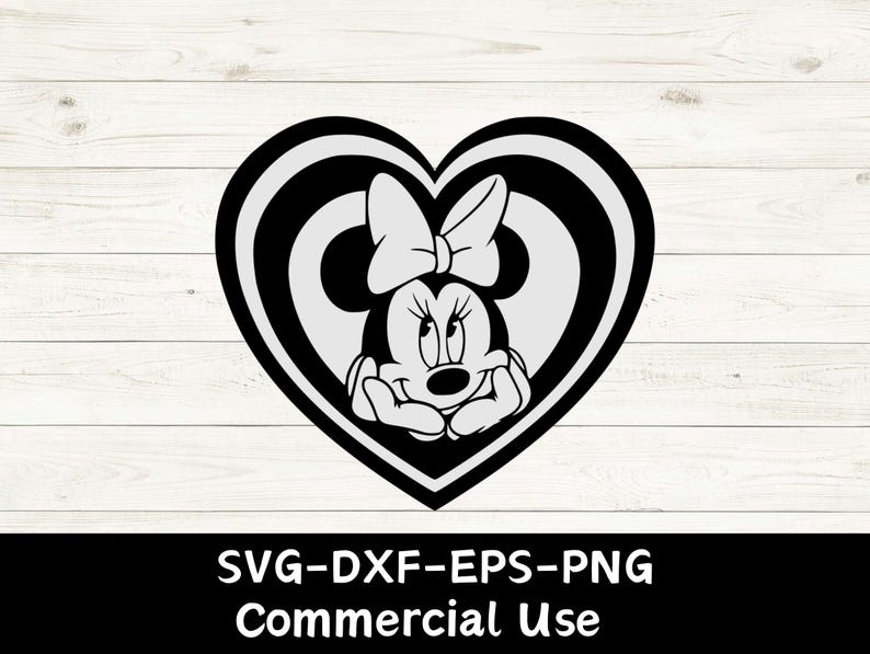 May include: A black and white graphic of Minnie Mouse inside a heart-shaped design. The heart has a striped border. Minnie Mouse is wearing a bow and has her hands under her chin. The image includes the text "SVG-DXF-EPS-PNG Commercial Use."