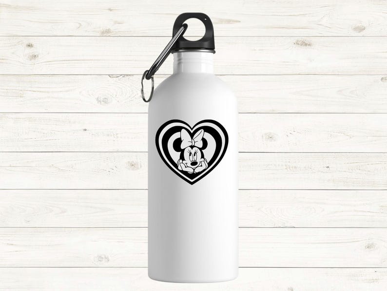 May include: A white water bottle with a black lid and carabiner clip. The bottle features a black and white graphic of Minnie Mouse inside a heart shape. The background is a white wooden surface.