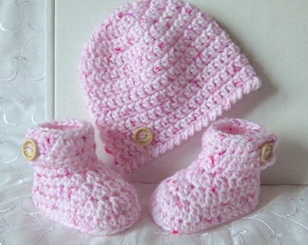 Handmade pink candy speckled hand crochet hat and cuffed boots / booties / bootees /shoes fit newborn 0-3 3-6 or 6-12 month baby UK seller