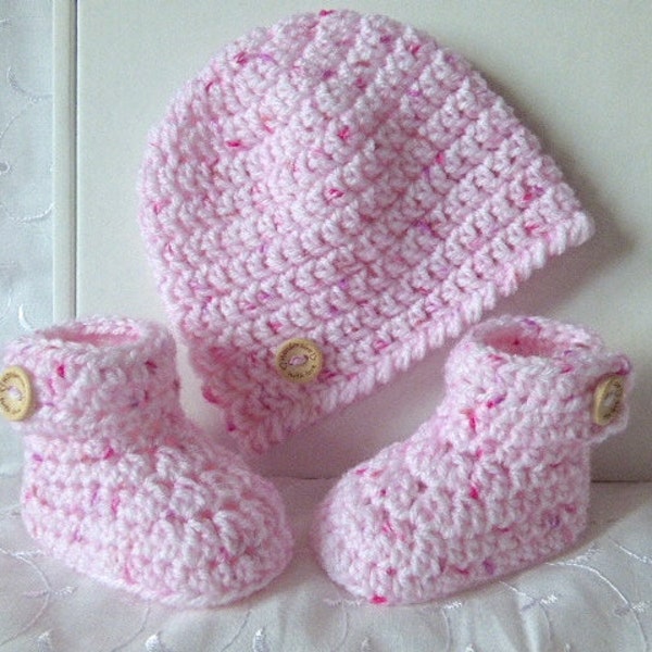 Handmade pink candy speckled hand crochet hat and cuffed boots / booties / bootees /shoes fit newborn 0-3 3-6 or 6-12 month baby UK seller