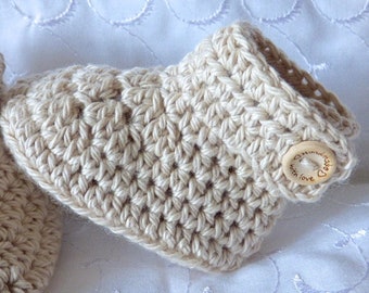 Botas / patucos / botines / zapatos de cochecito de bebé recién nacido de 0 a 3, 3 a 6 o 6 a 12 meses, de algodón beige ostra, hechas a mano, tejidas a mano, regalo para bebé nuevo