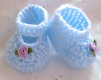 Dolls clothes baby blue rosebud hand crochet knitted shoes fit Baby Born, Baby Annabell, Reborn doll 15-19" UK seller