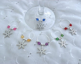 6 X Christmas snowflake wine glass charms table decorations ideal for secret santa gift complete with organza gift bag