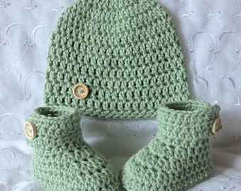 Handmade cotton sage green hand crochet hat and cuffed boots / booties / bootees / shoes to fit newborn 0-3 3-6 or 6-12 month baby UK seller