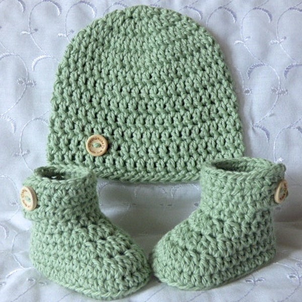 Handmade cotton sage green hand crochet hat and cuffed boots / booties / bootees / shoes to fit newborn 0-3 3-6 or 6-12 month baby UK seller